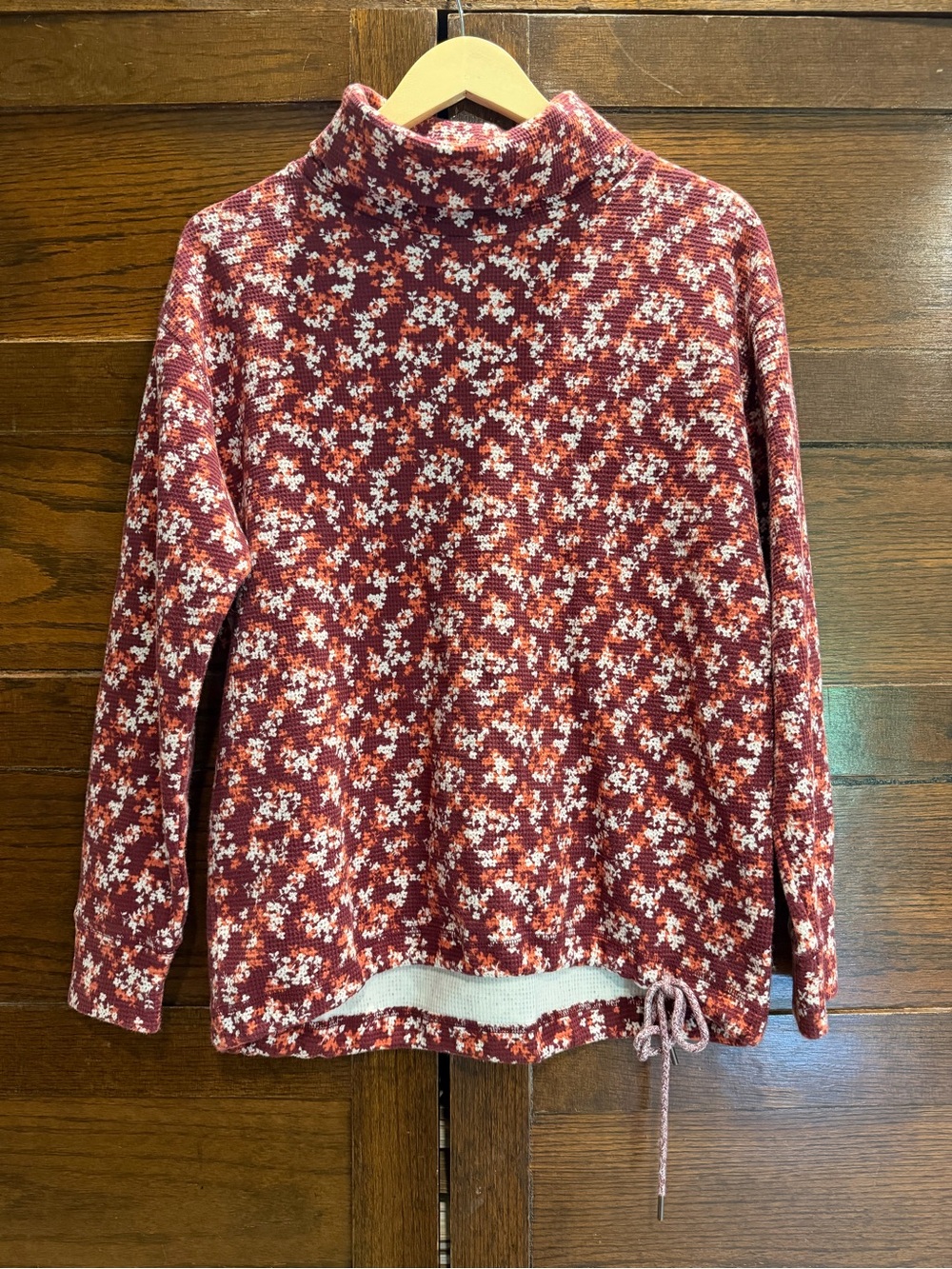 Lands' End small Red Floral Turtleneck Knit Pullover waffle weave tie waist cozy